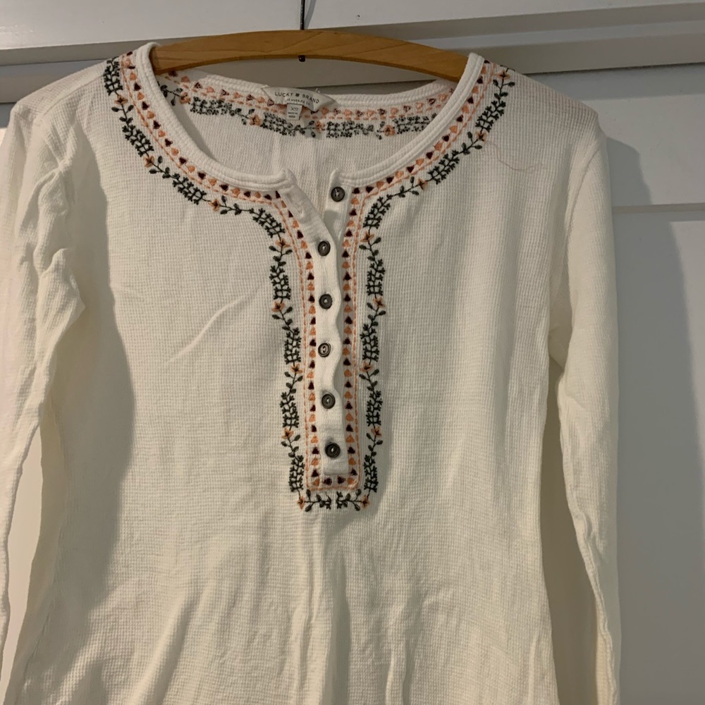 Cream waffle Henley with embroidery details